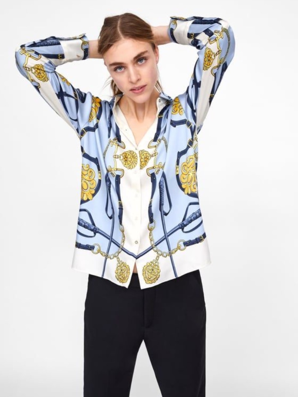 Zara Blue White Chain Print Button Down Blouse